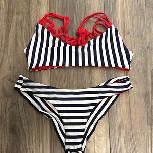Navy and white Striped Bikini with Red Accents